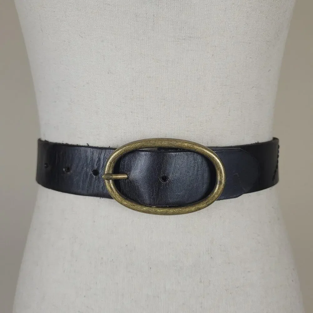 Black Leather Belt XL Oval Buckle Zig Zag Stitch Rustic Utility Utilitarian Boho